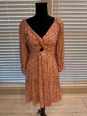 Angie Rust Floral Tie-Front Midi Dress with Long Sleeves